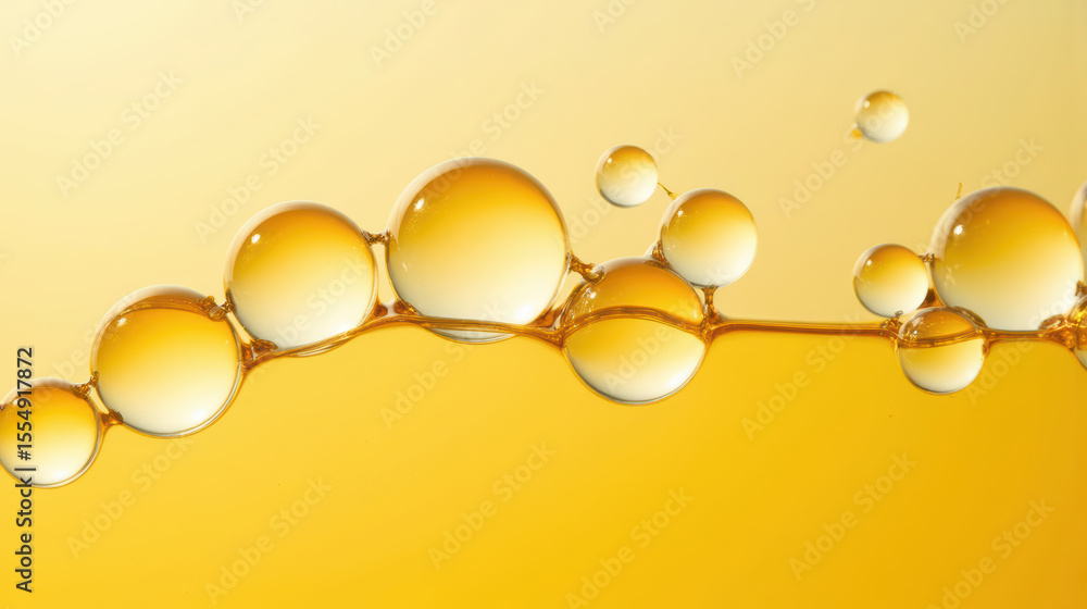 Poster translucent bubbles float gracefully in golden liquid, creating mesmerizing visual effect. warm tone