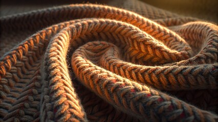 High-detail macro of knitted wool fabric, warm tones and visible texture in side light