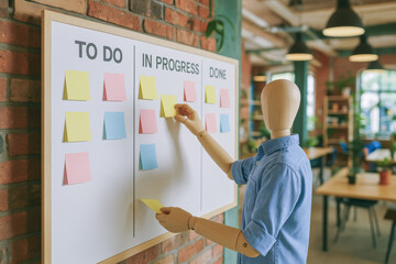 A wooden mannequin organizing tasks on a Kanban board reflects efficient workflow management and project progress in a creative office