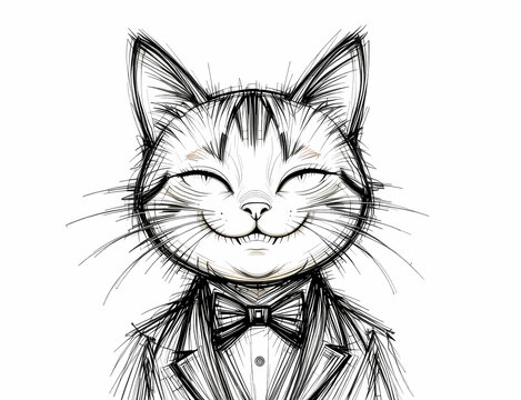 Smiling Cat Sketch Wearing Formal Suit with Bowtie on White Background
