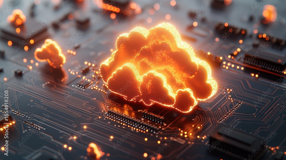 Poster glowing cloud icon representing cloud computing technology on futuristic digital circuit board backg