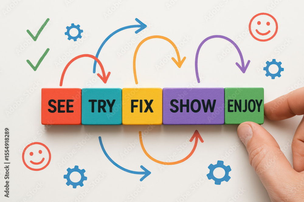 Poster a arranges colorful blocks symbolizing stages action and improvement connected by dynamic arrows rep