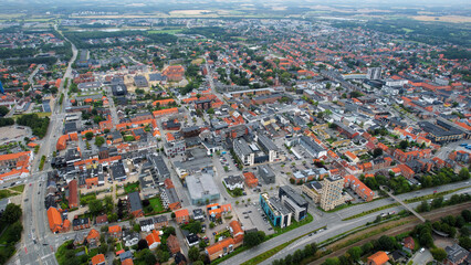 An arial panoramic view of the old town of the harbour city Esbjerg in Denmark on a sunny spring day
