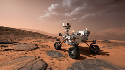 Mars rover exploring the red planet surface under a cloudy sky in a desolate landscape