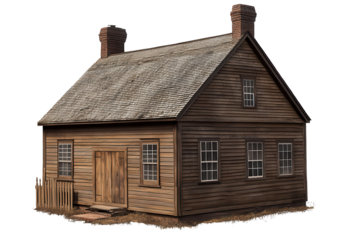 Colonial saltbox house stands isolated on a tranquil landscape, showcasing traditional architecture and rustic charm