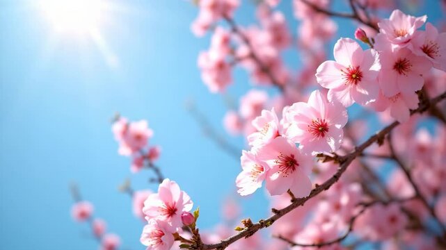 Delicate pink cherry blossoms bloom on a branch against a bright blue sky with sunlight shining.