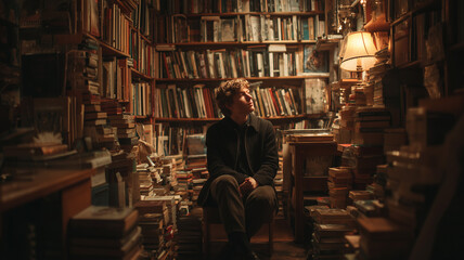 A thoughtful writer immersed in solitude within a cozy bookstore corner filled with nonfiction and essay books