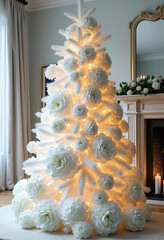 A stunning white Christmas tree adorned with large white paper flowers glows warmly in an elegant living room, creating a cozy and sophisticated holiday ambiance.
