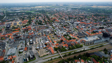 An arial panoramic view of the old town of the harbour city Esbjerg in Denmark on a sunny spring...
