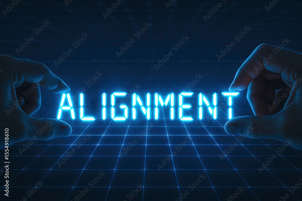 Poster precision and connection come together as two hands align glowing digital segments symbolizing strat