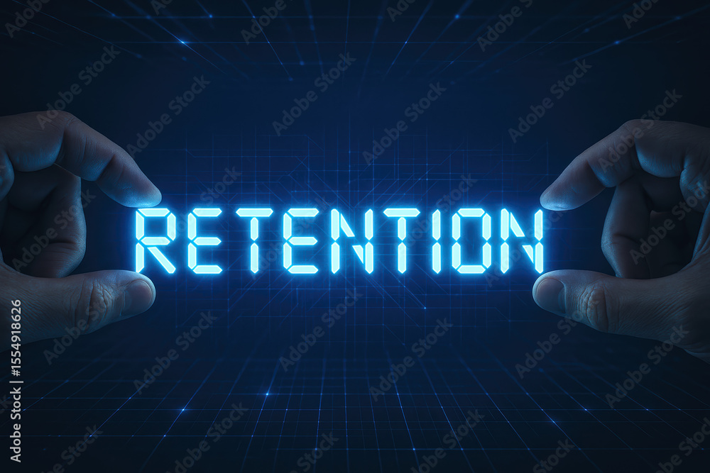 Poster a close-up two hands aligning glowing digital segments to form retention symbolizing connection and 