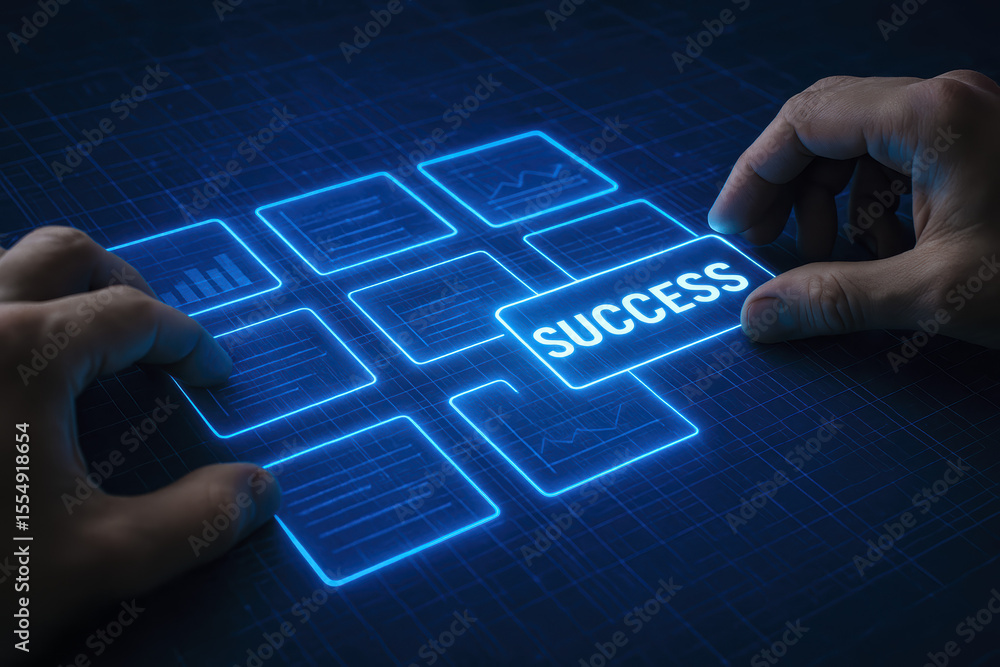 Poster achieving success through strategic decision-making and data analysis is visualized by hands arrangi