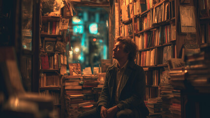 A thoughtful writer immersed in solitude within a cozy bookstore corner filled with nonfiction and essay books
