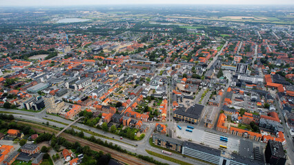 An arial panoramic view of the old town of the harbour city Esbjerg in Denmark on a sunny spring day
