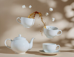 White Porcelain Teacups Splashing Tea with Sugar Cubes Flying









