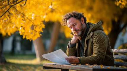 A university professor sitting on a park bench reading an essay as autumn leaves fall