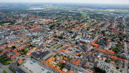 An arial panoramic view of the old town of the harbour city Esbjerg in Denmark on a sunny spring day

