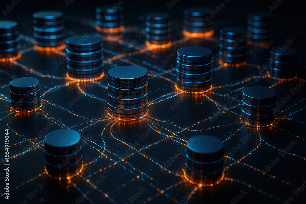 Aufkleber an advanced network structure illustrates data and connectivity through stacked digital disks linked