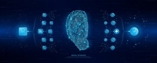Doctor and robot icons in circuit board chip. Medical technology network connection and artificial intelligence (AI) against polygon human ear. Digital health care smart. Banner vector.