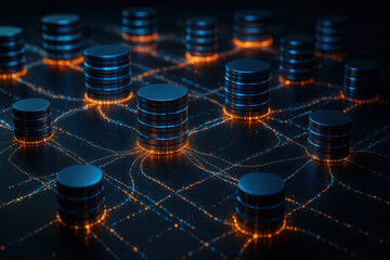 An advanced network structure illustrates data and connectivity through stacked digital disks linked by glowing streams symbolizing efficient business information exchange