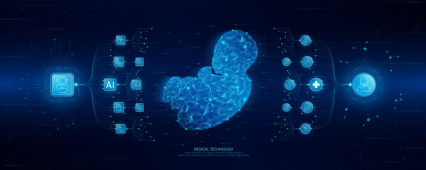 Doctor and robot icons in circuit board chip. Medical technology network connection and artificial intelligence (AI) against polygon human fetus. Digital health care smart. Banner vector.