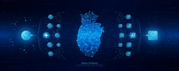 Doctor and robot icons in circuit board chip. Medical technology network connection and artificial intelligence (AI) against polygon human heart. Digital health care smart. Banner vector.