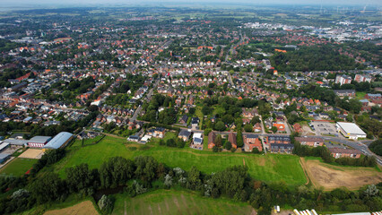 Aerial panorama view of the city Husum in Germany on a sunny afternoon in spring	