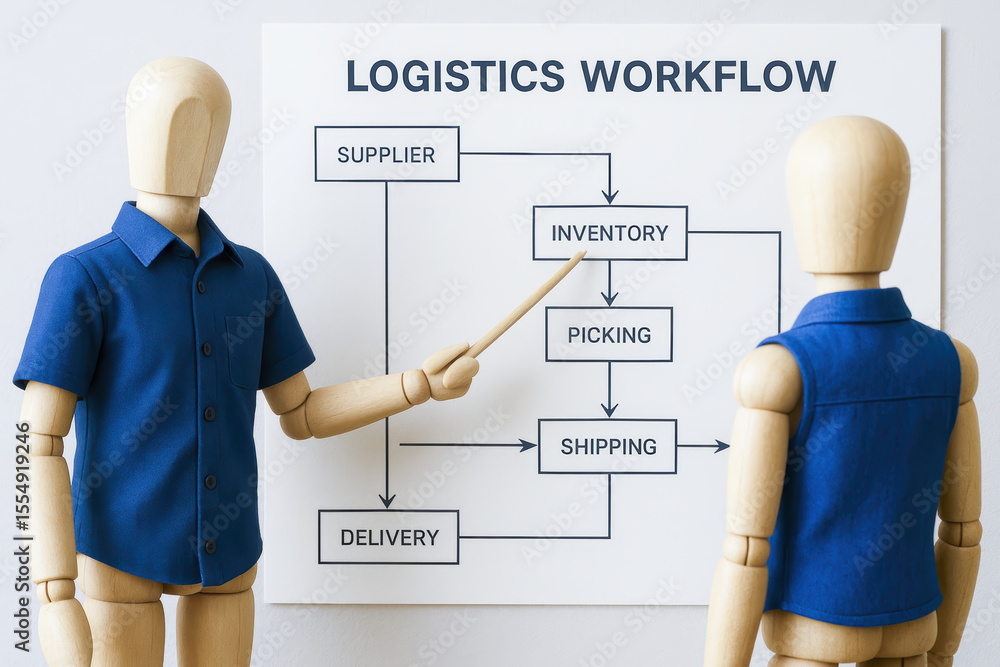 Poster a strategic workflow illustrates the process managing inventory and shipping to optimize supply chai