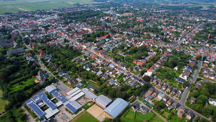 Aerial panorama view of the city Husum in Germany on a sunny afternoon in spring	