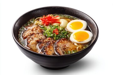 Delicious ramen bowl, studio shot, white background, food photography