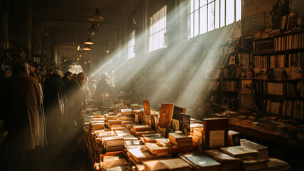 A vintage bookstore with scattered open novels and sunbeams filtering through dusty windows cozy atmosphere people browsing shelves real photo stock photography