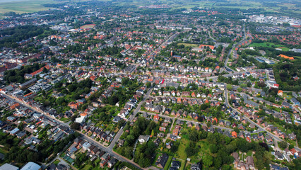 Aerial panorama view of the city Husum in Germany on a sunny afternoon in spring	