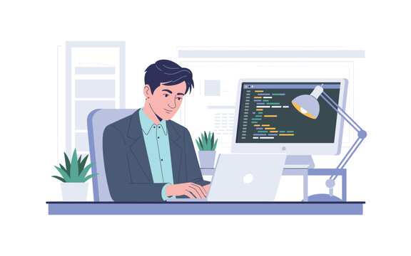 Software Developer Working on Code: Illustration of a Programmer at Desk