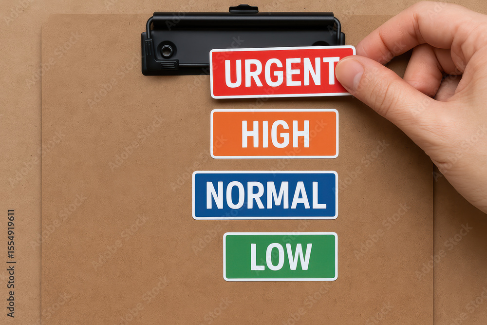 Aufkleber a places an urgent priority label atop others on a clipboard illustrating task management and workfl