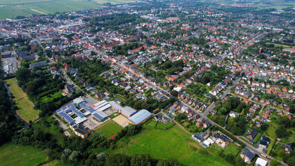Aerial panorama view of the city Husum in Germany on a sunny afternoon in spring	