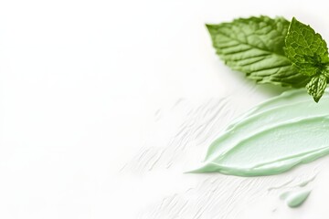 Mint Leaves and Light Green Cream on Textured White Background