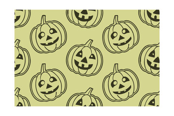 Halloween Jack O Lanterns Pattern on a Light Green Background with Outlined Pumpkins