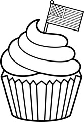 patriotic cupcake with American flag line art vector illustration
