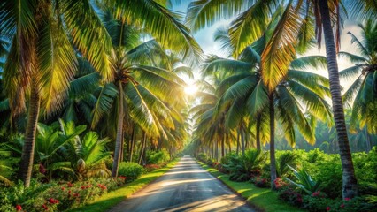 Sunlit Pathway Through Lush Tropical Paradise, Lined with Majestic Palm Trees and Vibrant Flowers