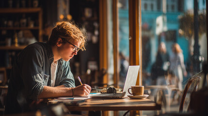 A focused student writing a personal essay in a sunlit café with a coffee cup and laptop on a relaxed afternoon