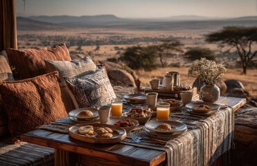 Enjoying breakfast with a stunning serengeti view at dawn