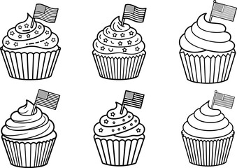 Set of patriotic cupcake with American flag line art vector illustration