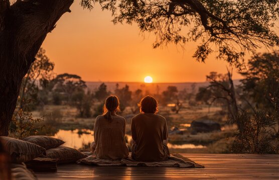 Couple enjoying a relaxing golden sunset over the african savanna - Powered by Adobe