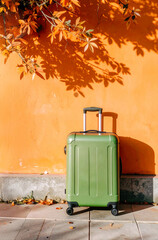 Vibrant Green Suitcase Against Orange Wall with Leaf Shadows