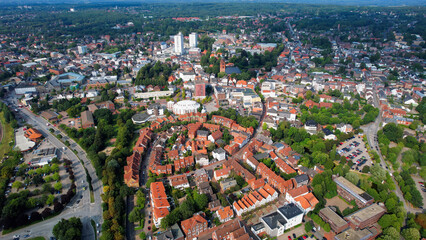 Aerial panorama view above the old town of the city Itzehoe in Germany on a sunny afternoon in spring	