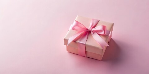 Fototapeta premium A delicately wrapped pink gift box with a satin ribbon bow, resting on a pale pink background, evokes feelings of celebration and thoughtful gifting.