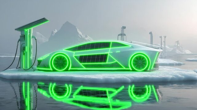 Futuristisches Elektroauto mit Leuchtelementen auf Eisscholle. K&uuml;nstliche Intelligenz KI