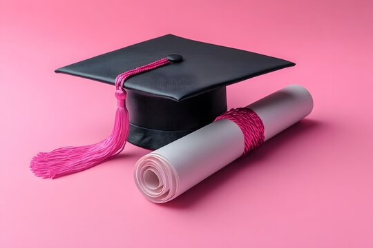 Pink Tassel Graduation Cap and Diploma on Pink Background
