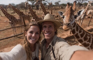 Couple taking selfie with giraffes in african wildlife reserve
