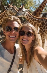 Tourists taking selfie with giraffes at the zoo